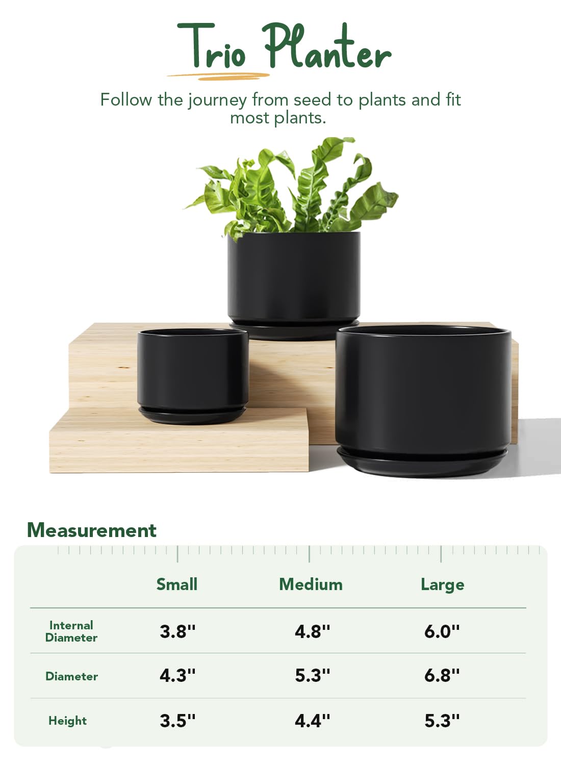 LE TAUCI Ceramic Plant Pots, 4.3+5.3+6.8 Inch, Set of 3, Planters with Drainage Hole and Saucer for Stylish Indoor and Outdoor Decor