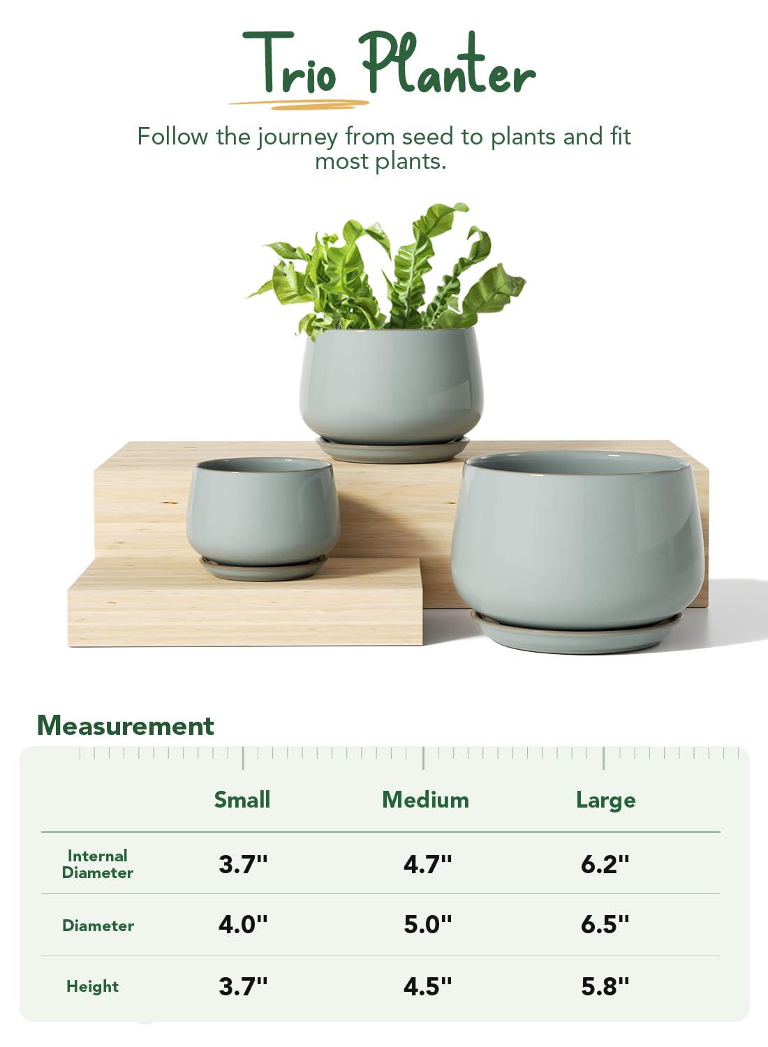 LE TAUCI Plant Pots, 4.1+5.1+6.5 Inch, Set of 3 Stylish Ceramic Planters with Drainage Hole and Saucer for Optimal Plant Growth