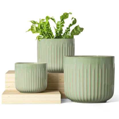 LE TAUCI Ceramic Planters for Indoor Plants Set of 3 with Drainage Holes in Dark Olive, Stylish Cylinder Flower Pots for Home Décor