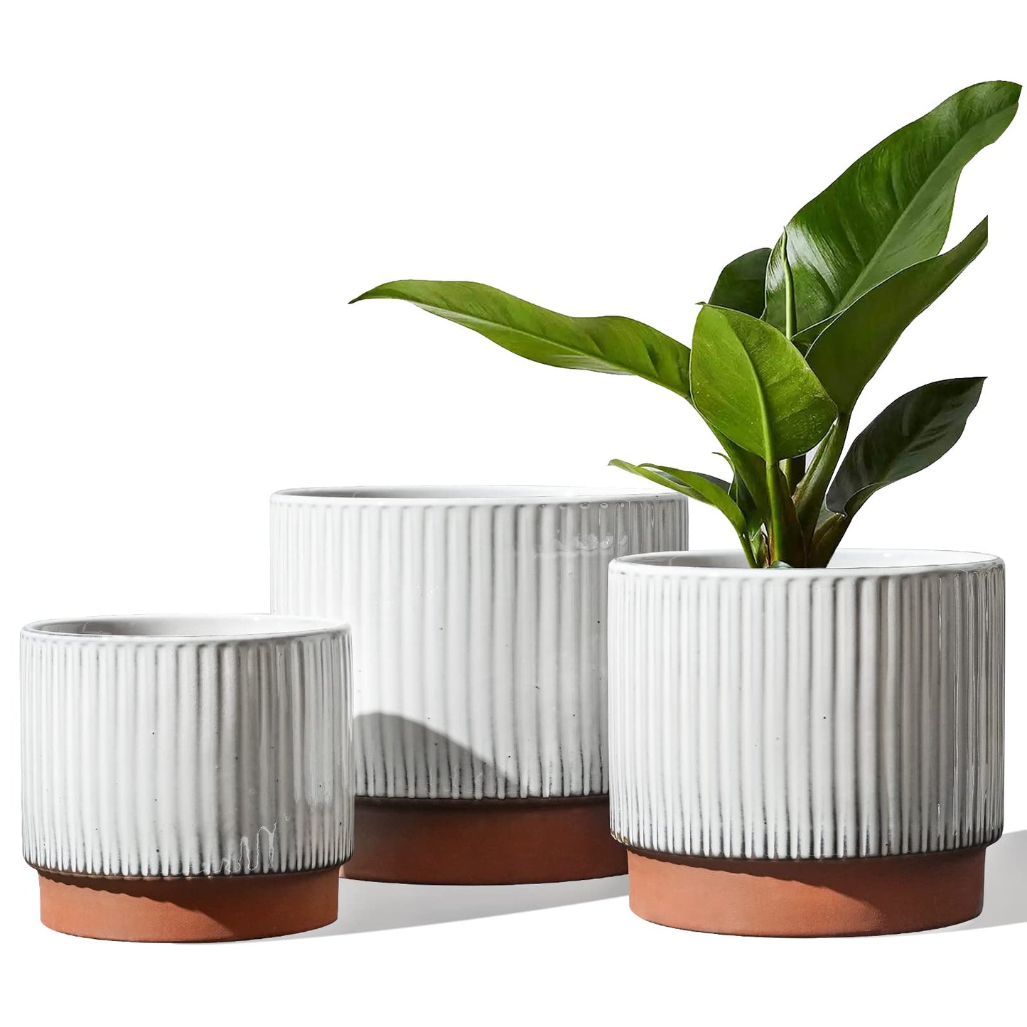 LE TAUCI Ceramic Plant Pots with Drainage Holes Set of 3 Durable Stripe Garden Planter Pots for Indoor Outdoor Use with Reactive Glaze Black