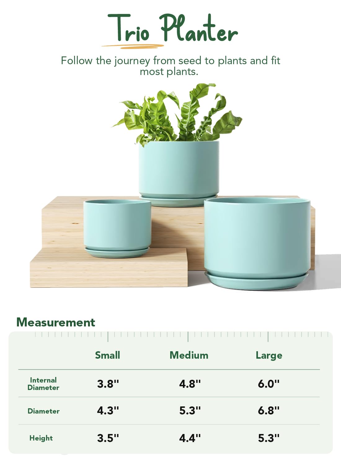 LE TAUCI Ceramic Plant Pots, 4.3+5.3+6.8 Inch, Set of 3, Planters with Drainage Hole and Saucer for Stylish Indoor and Outdoor Decor