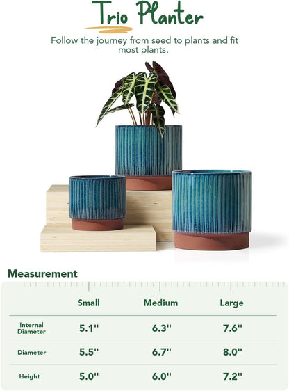 LE TAUCI Ceramic Plant Pots with Drainage Holes Set of 3 Durable Stripe Garden Planter Pots for Indoor Outdoor Use with Reactive Glaze Black