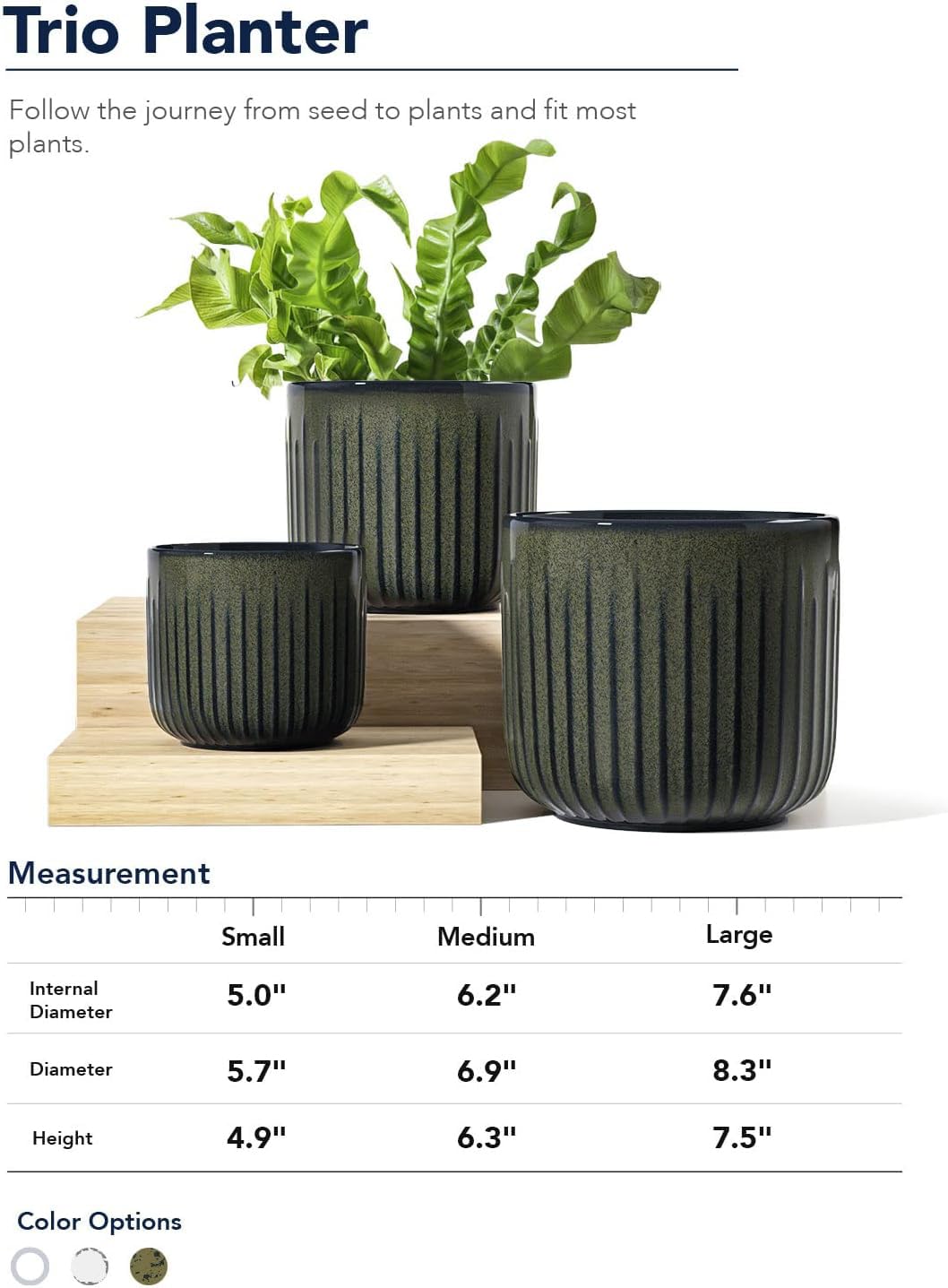 LE TAUCI Ceramic Planters for Indoor Plants Set of 3 with Drainage Holes in Dark Olive, Stylish Cylinder Flower Pots for Home Décor