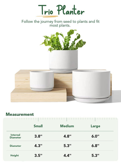 LE TAUCI Ceramic Plant Pots, 4.3+5.3+6.8 Inch, Set of 3, Planters with Drainage Hole and Saucer for Stylish Indoor and Outdoor Decor