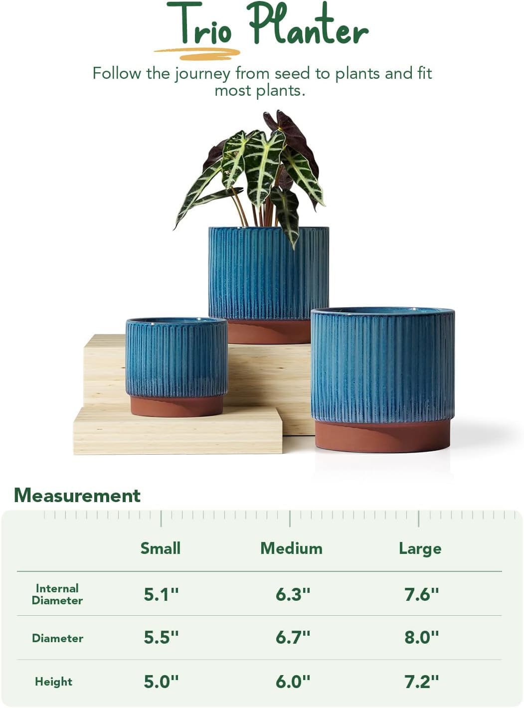 LE TAUCI Ceramic Plant Pots with Drainage Holes Set of 3 Durable Stripe Garden Planter Pots for Indoor Outdoor Use with Reactive Glaze Black