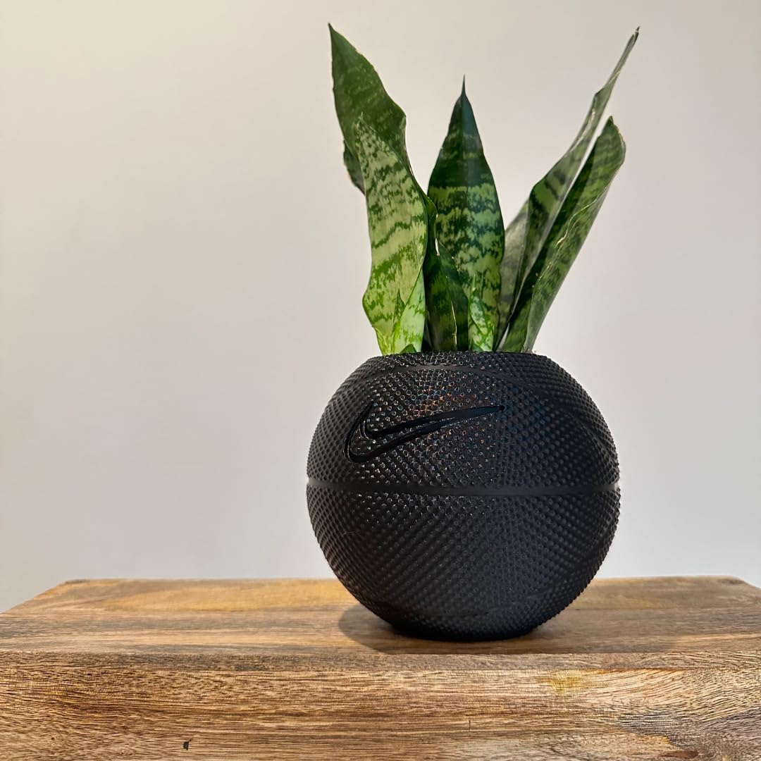 Basketball Planter Pot 3D Printed - Unique Black Indoor Plant Pot with Drainage Hole - Handmade in USA