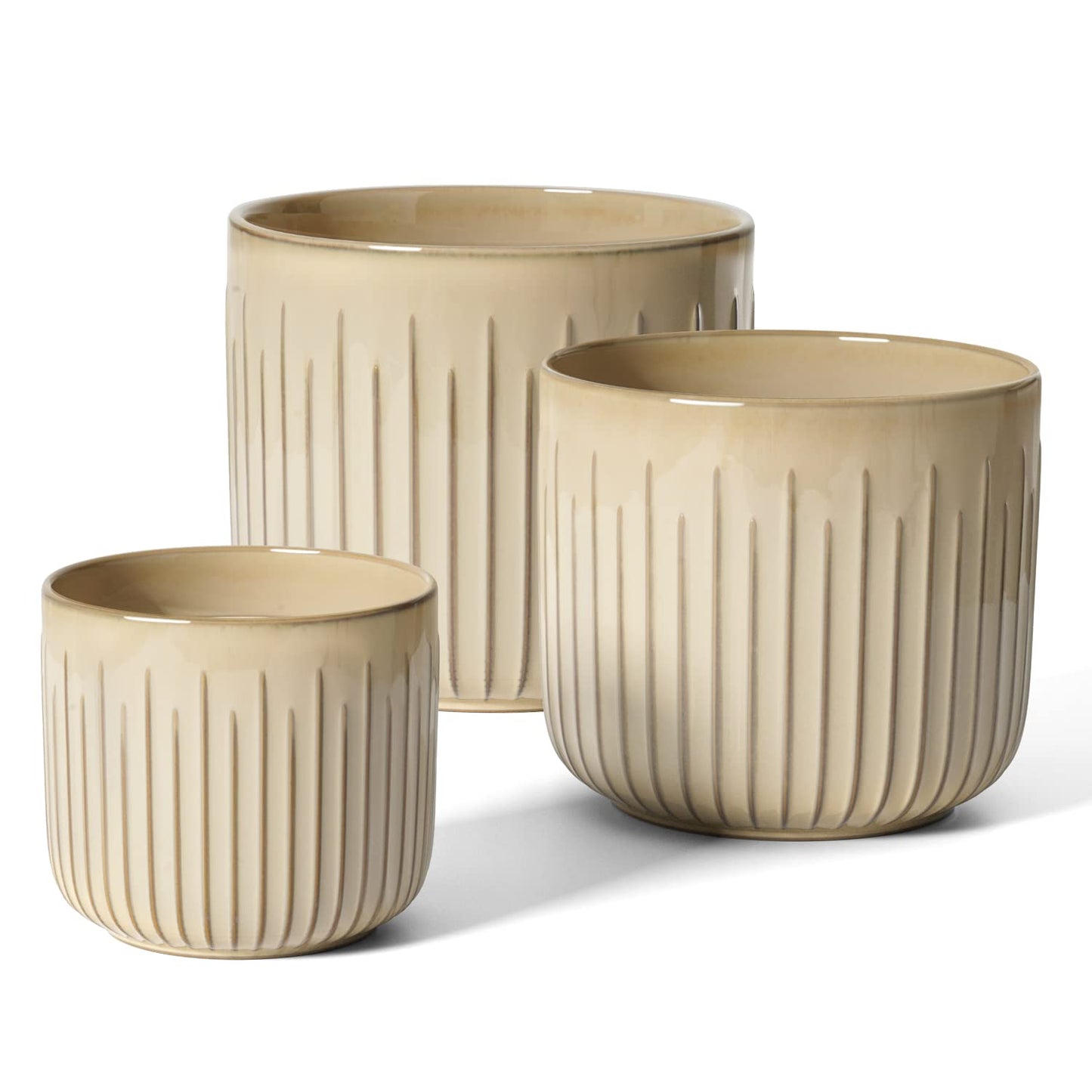 LE TAUCI Ceramic Planters for Indoor Plants Set of 3 with Drainage Holes in Dark Olive, Stylish Cylinder Flower Pots for Home Décor