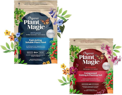 Organic Plant Magic - Fast Acting Soluble Plant Food All-Purpose Fertilizer Concentrate and Compressed Organic Potting Soil for Vibrant Garden Growth