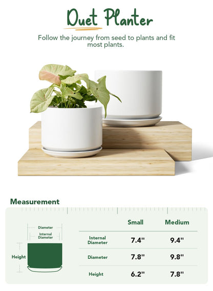 LE TAUCI Ceramic Plant Pots, 10 + 12 Inch Indoor Pots with Drainage, Modern White Planters for Home and Office Decor