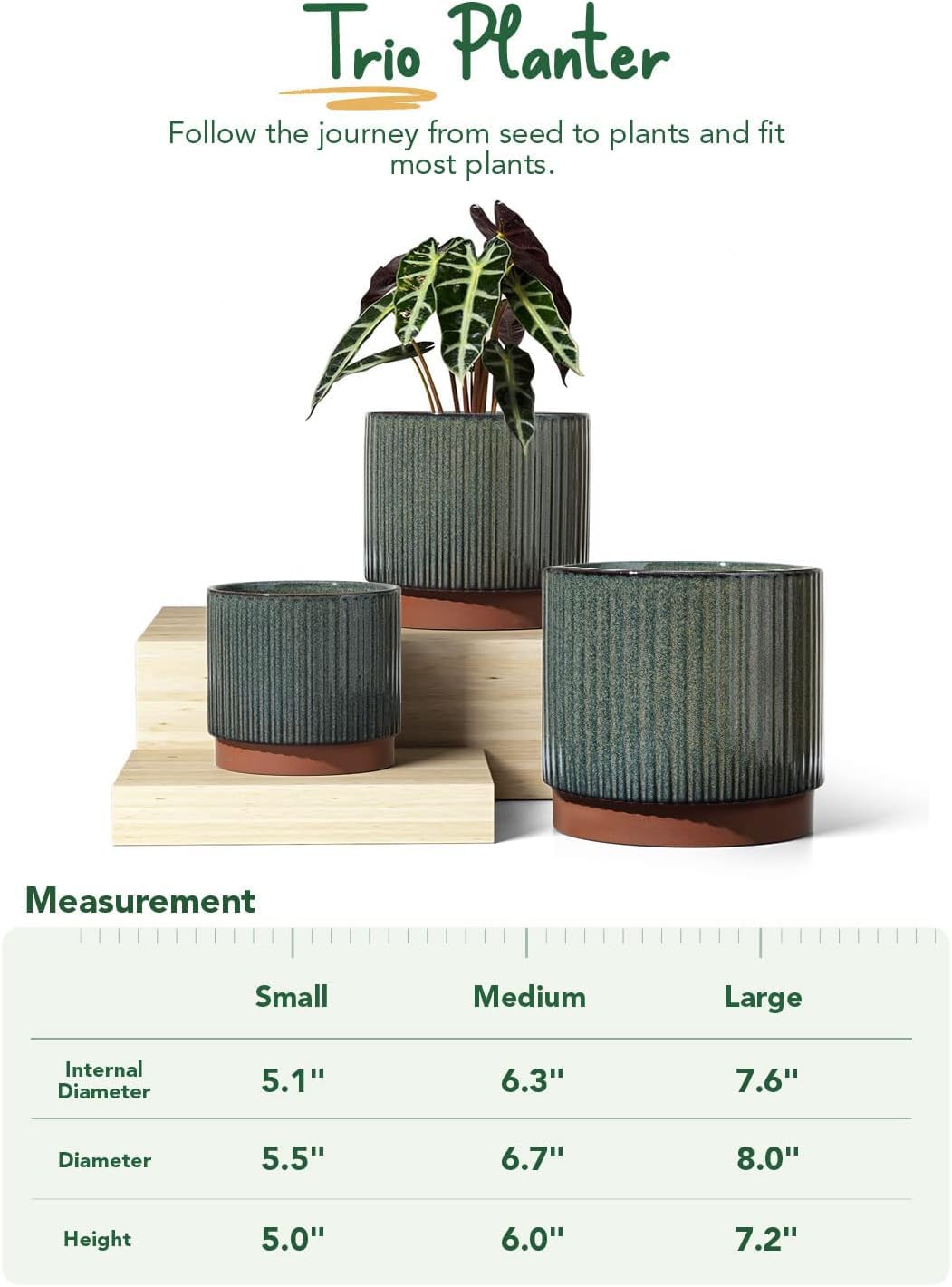 LE TAUCI Ceramic Plant Pots with Drainage Holes Set of 3 Durable Stripe Garden Planter Pots for Indoor Outdoor Use with Reactive Glaze Black