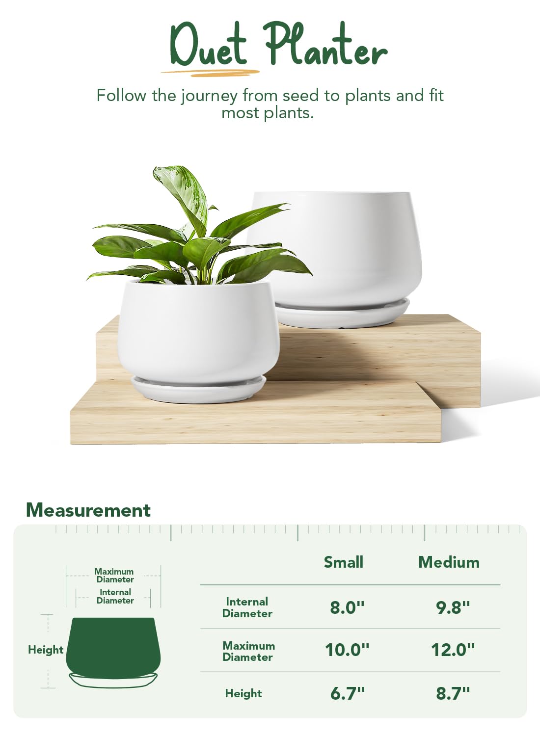 LE TAUCI Ceramic Plant Pots Set of 2 Stylish 10 Inch 12 Inch Planters with Drainage Tray Perfect for Indoor Plants and Home Decor