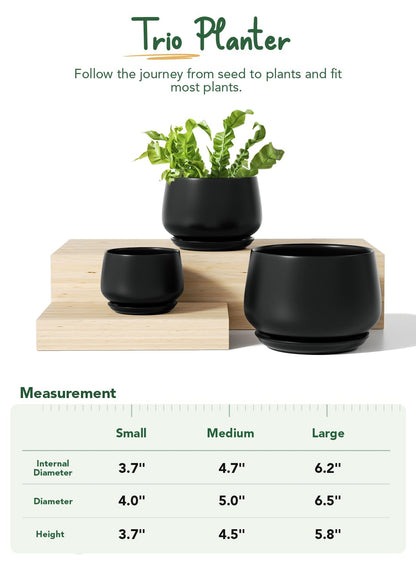 LE TAUCI Plant Pots, 4.1+5.1+6.5 Inch, Set of 3 Stylish Ceramic Planters with Drainage Hole and Saucer for Optimal Plant Growth