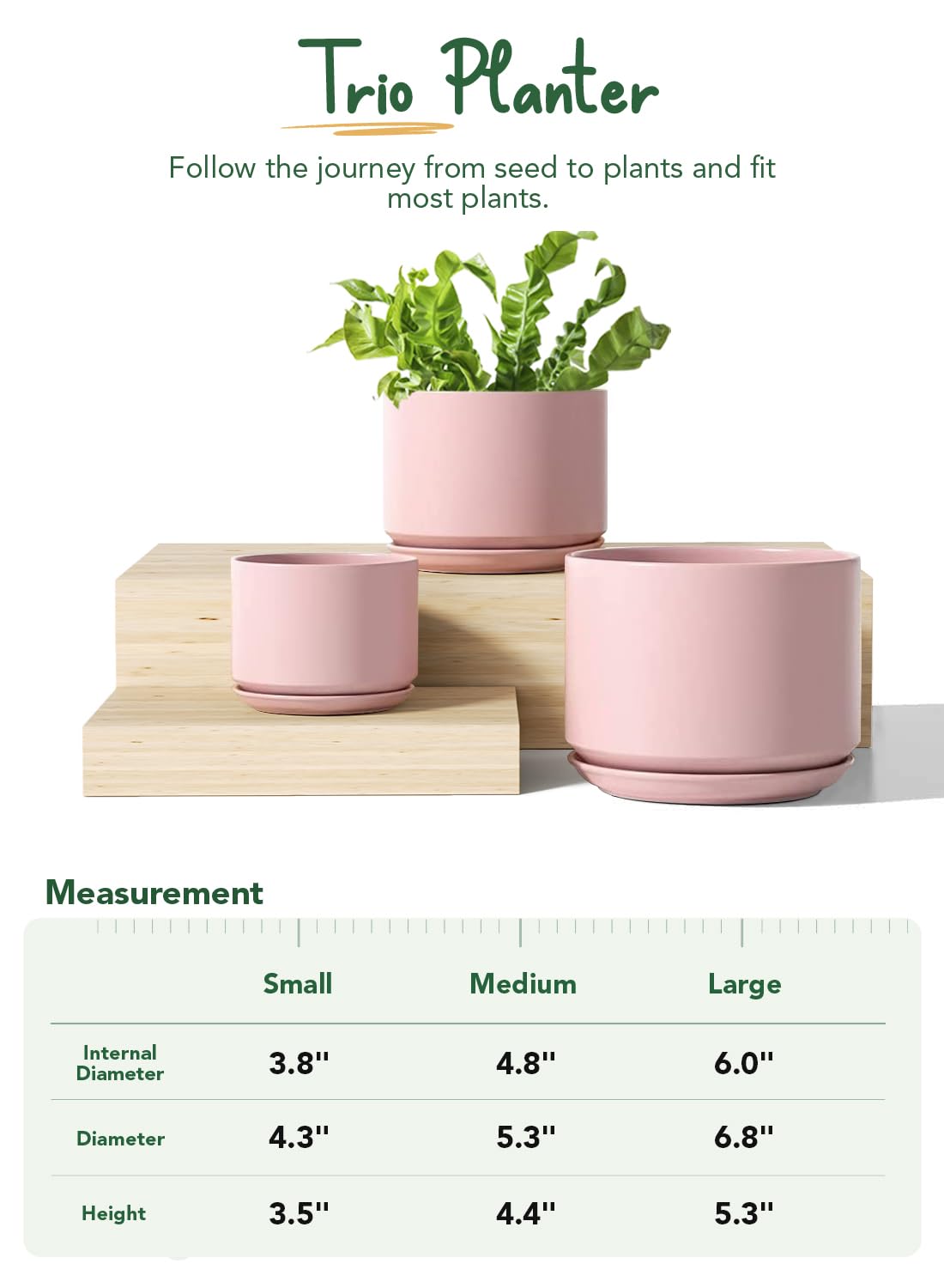 LE TAUCI Ceramic Plant Pots, 4.3+5.3+6.8 Inch, Set of 3, Planters with Drainage Hole and Saucer for Stylish Indoor and Outdoor Decor