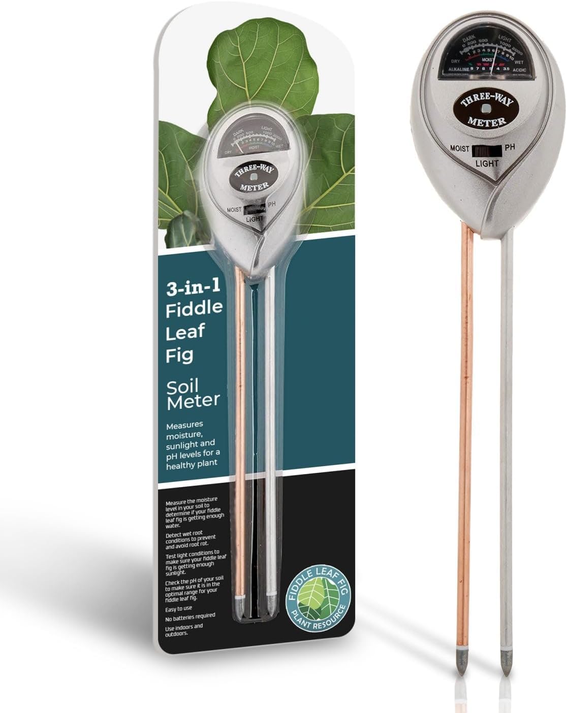 Houseplant Resource Center Fiddle Leaf Fig 3-in-1 Soil Moisture Meter for Plants Best Indoor Water Meter with Light and pH Sensor for Perfect Plant Care