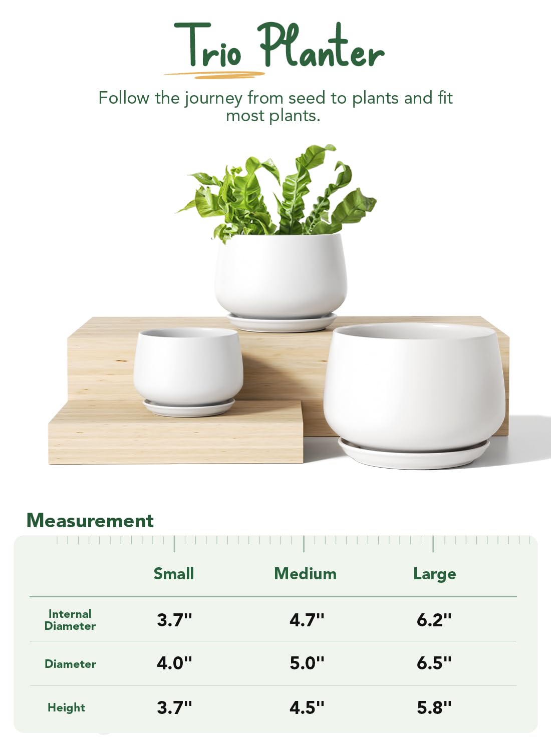 LE TAUCI Plant Pots, 4.1+5.1+6.5 Inch, Set of 3 Stylish Ceramic Planters with Drainage Hole and Saucer for Optimal Plant Growth