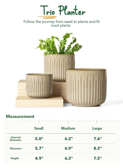 LE TAUCI Ceramic Planters for Indoor Plants Set of 3 with Drainage Holes in Dark Olive, Stylish Cylinder Flower Pots for Home Décor