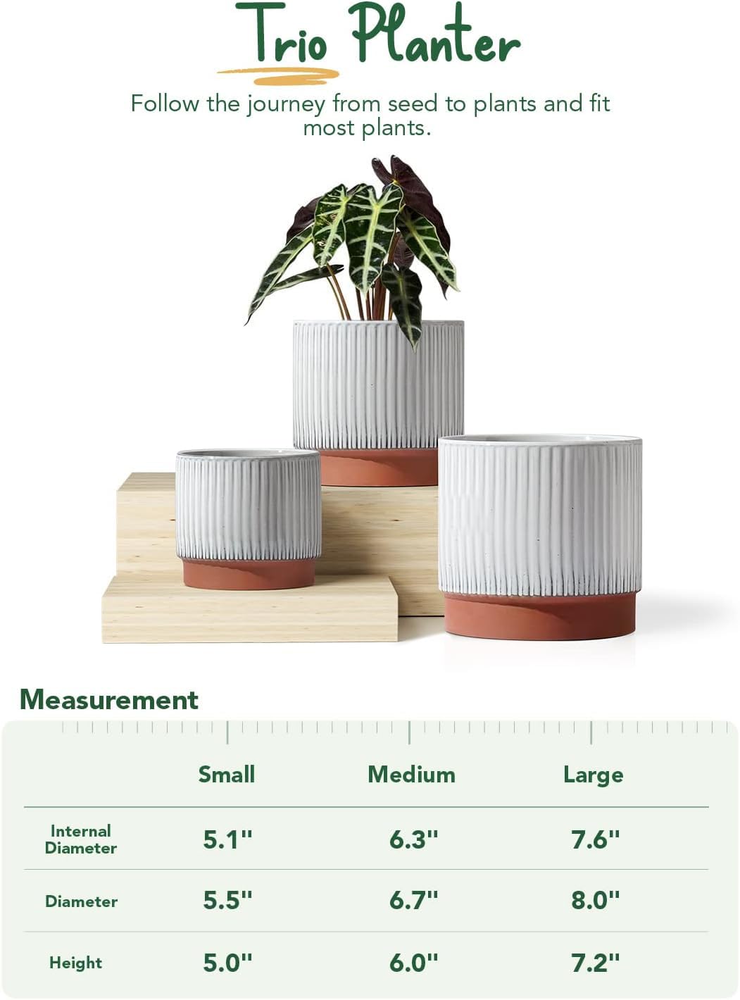 LE TAUCI Ceramic Plant Pots with Drainage Holes Set of 3 Durable Stripe Garden Planter Pots for Indoor Outdoor Use with Reactive Glaze Black