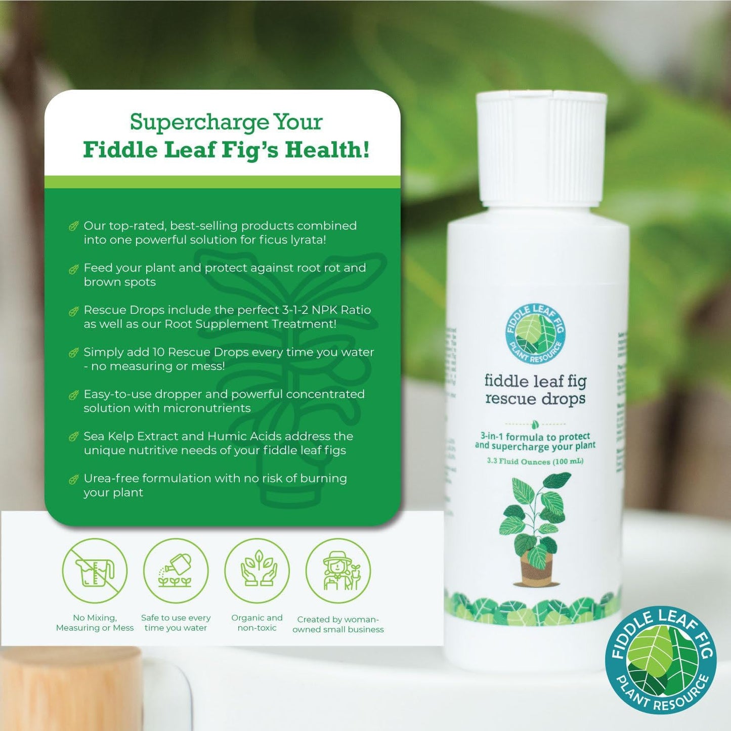 Fiddle Leaf Fig Rescue Drops by Fiddle Leaf Fig Plant Resource | 3-in-1 Liquid Fertilizer, Root Supplement & Immunity Booster for Thriving Houseplants (3.3 Fluid Ounces - 100ml)