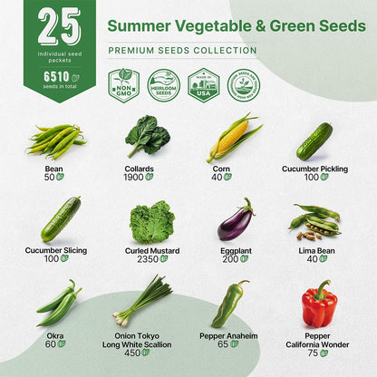 25 Summer Vegetable & Fruit Seeds Variety Pack with 1,870+ Non-GMO Heirloom Seeds for Indoor and Outdoor Gardening Including Tomatoes, Peppers, Okra, and More - OVAD