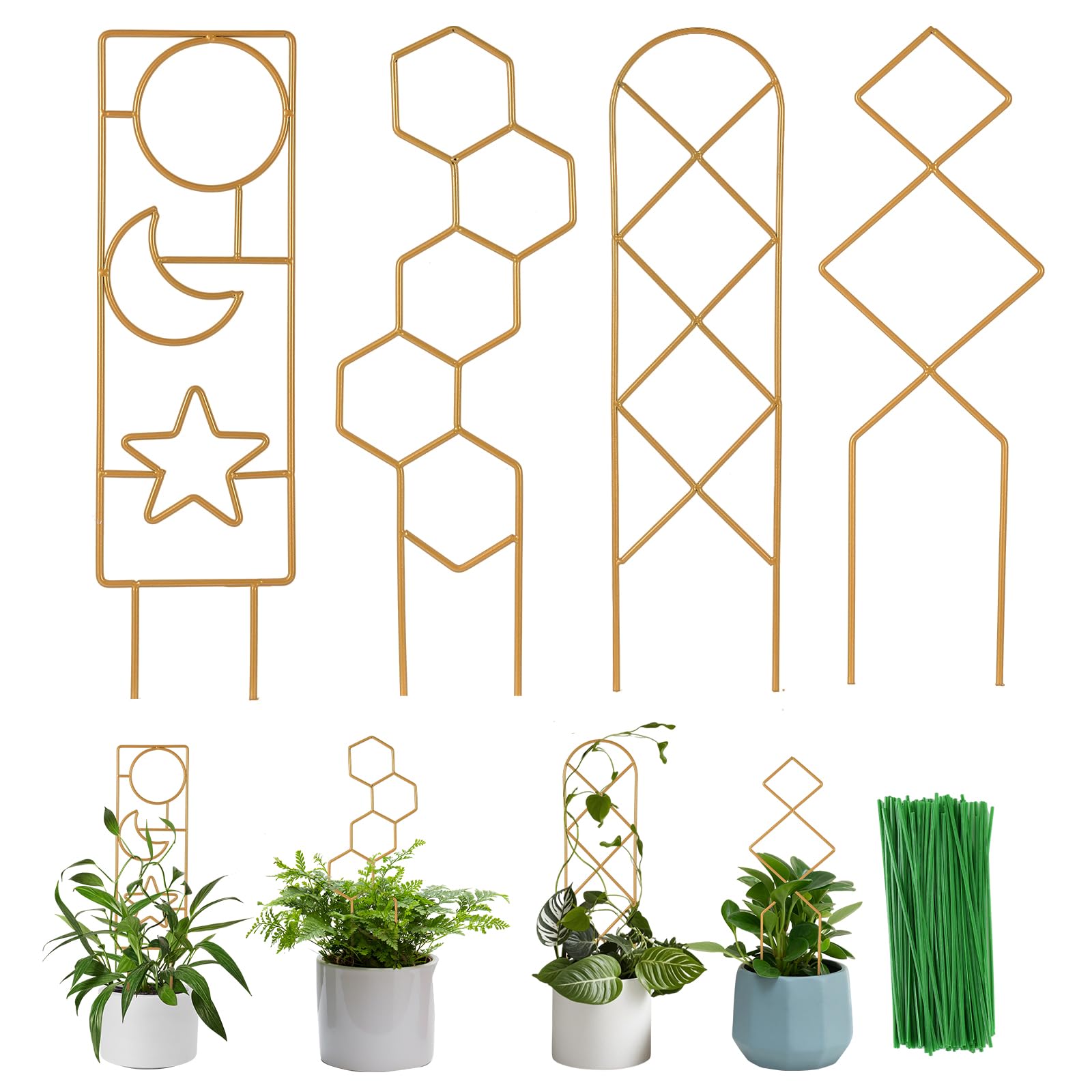 Indoor Plant Trellis for Climbing Plants, 16inch Small Garden Metal Trellis for Potted Plants Outdoor - 4 Pack - OVAD