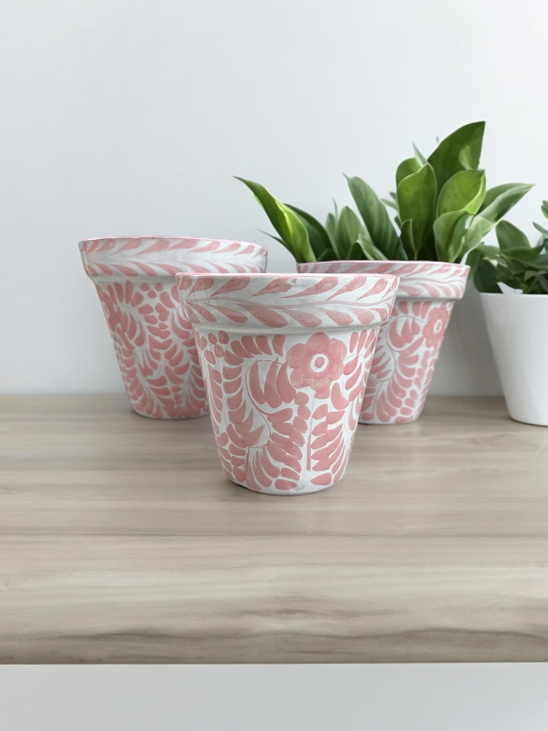 Set of 3 Large Talavera Planter Pots - Hand-Painted Pink & White Mexican Pottery with Drainage Holes for Vibrant Home Decor