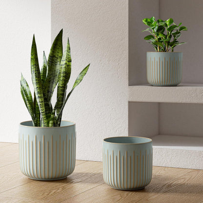 LE TAUCI Ceramic Planters for Indoor Plants Set of 3 with Drainage Holes in Dark Olive, Stylish Cylinder Flower Pots for Home Décor