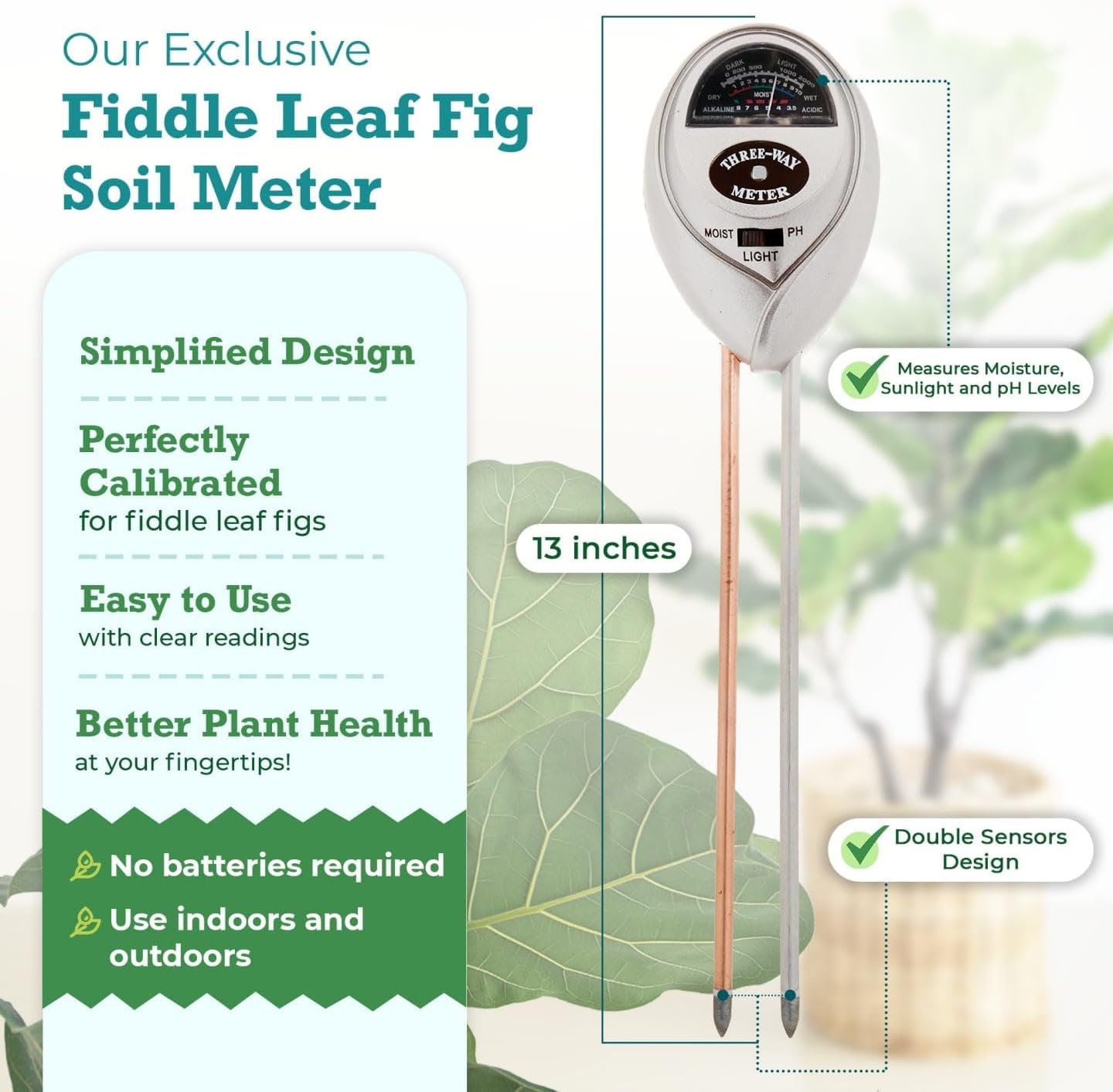 Houseplant Resource Center Fiddle Leaf Fig 3-in-1 Soil Moisture Meter for Plants Best Indoor Water Meter with Light and pH Sensor for Perfect Plant Care