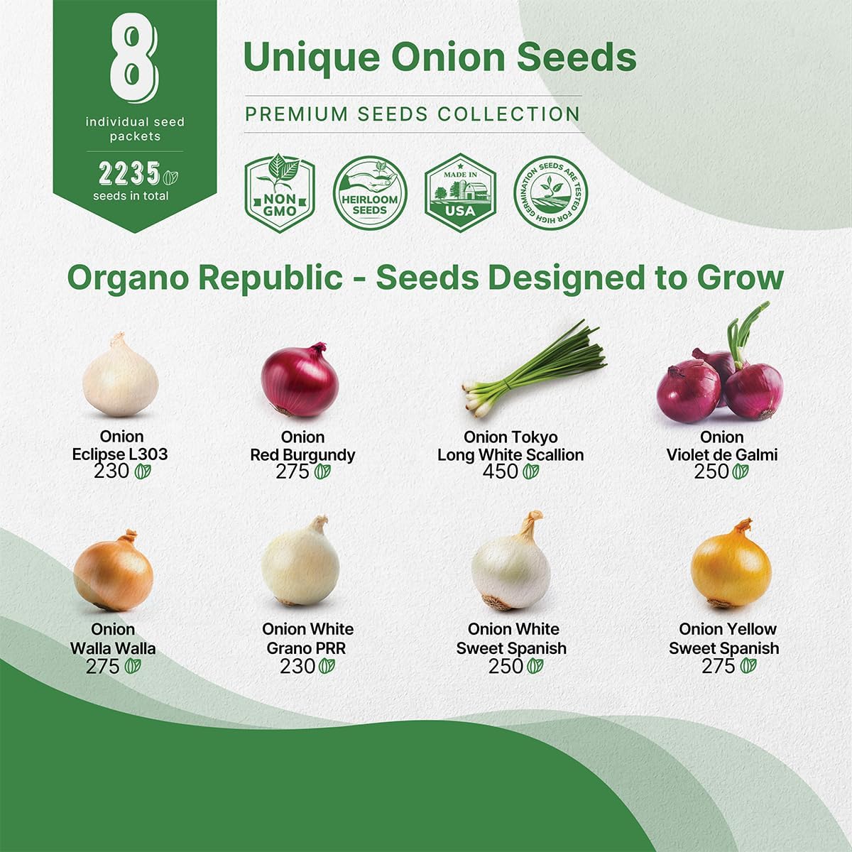 Organo Republic 8 Onion Seeds Variety Pack Heirloom Non-GMO 2200+ Seeds for Indoor and Outdoor Gardening with Walla Walla Green Onion Red Burgundy White and Yellow Sweet Spanish Onions - OVAD