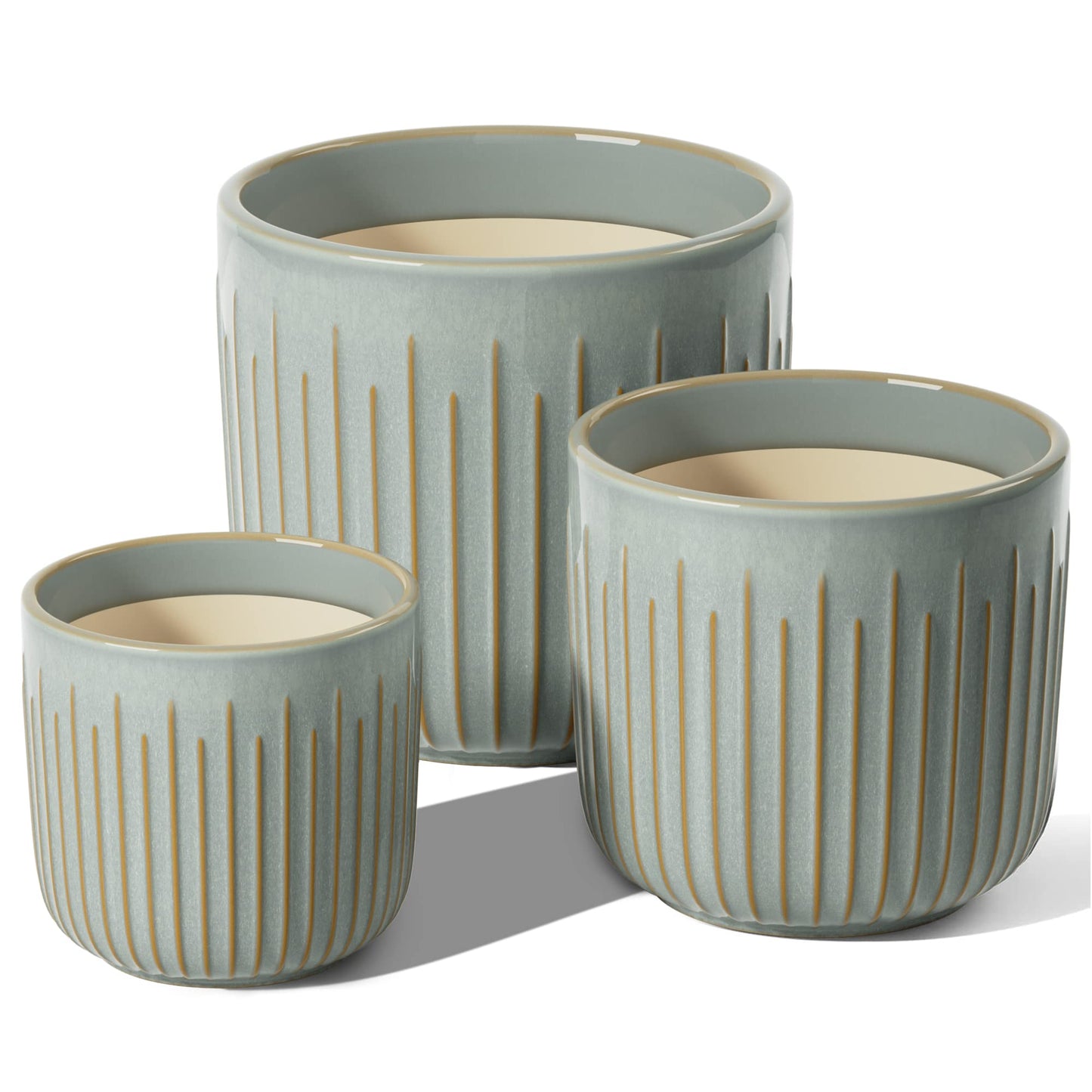 LE TAUCI Ceramic Planters for Indoor Plants Set of 3 with Drainage Holes in Dark Olive, Stylish Cylinder Flower Pots for Home Décor