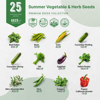 25 Summer Vegetable & Fruit Seeds Variety Pack with 1,870+ Non-GMO Heirloom Seeds for Indoor and Outdoor Gardening Including Tomatoes, Peppers, Okra, and More - OVAD