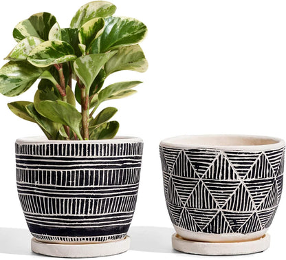 LE TAUCI 5.5 Inch Boho Plant Pots Indoor Set of 2, Artisanal Cement Planters with Drainage Holes and Saucers in Black and Cream White for Stylish Indoor Decor