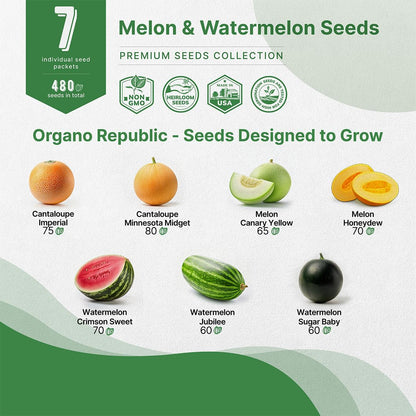 Organo Republic 7 Melon & Watermelon Seeds Variety Pack 480+ Non-GMO Heirloom Fruit Seeds for Hydroponic Indoor Outdoor Gardening - OVAD