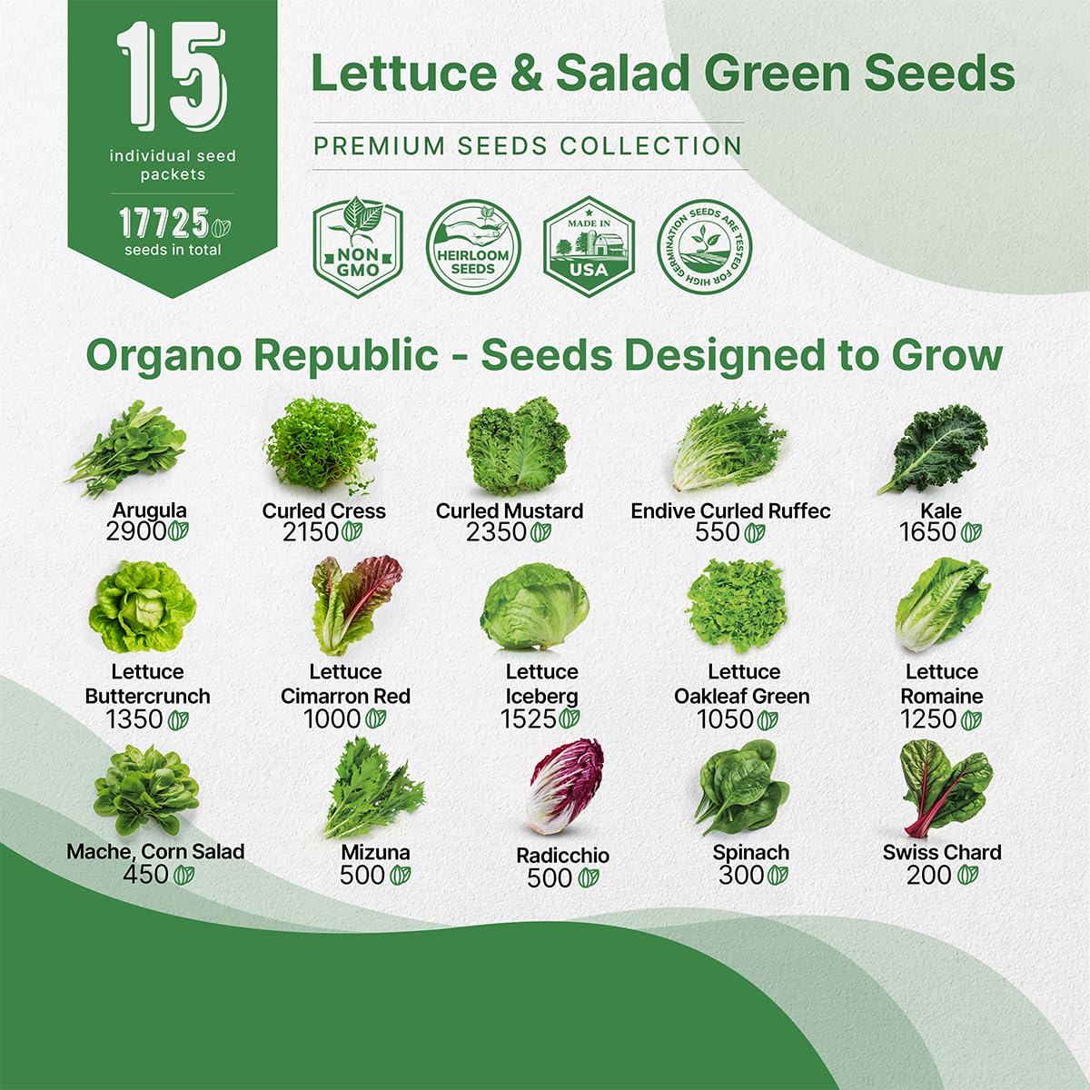 Organo Republic 22 Lettuce & Salad Greens Seeds Variety Pack 24,700 Plus Non-GMO Heirloom Lettuce Seeds For Indoor And Outdoor Garden Hydroponics Aerogarden Arugula Kale Spinach Swiss Chard Lettuce - OVAD