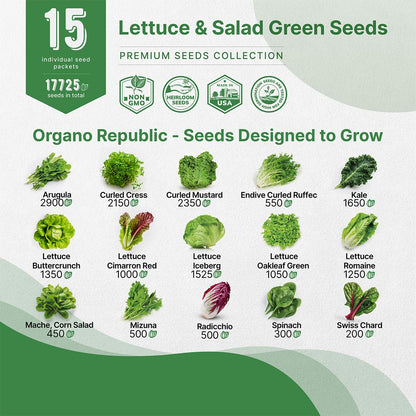 Organo Republic 22 Lettuce & Salad Greens Seeds Variety Pack 24,700 Plus Non-GMO Heirloom Lettuce Seeds For Indoor And Outdoor Garden Hydroponics Aerogarden Arugula Kale Spinach Swiss Chard Lettuce - OVAD