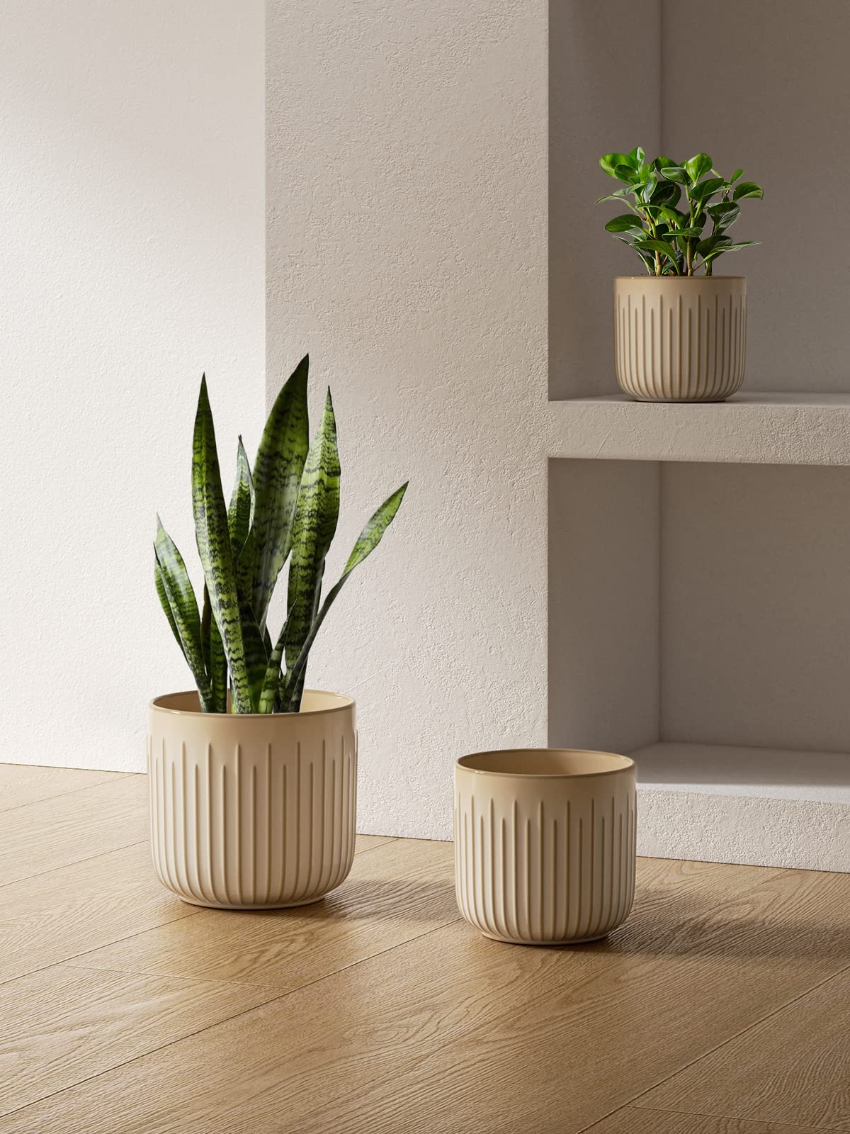 LE TAUCI Ceramic Planters for Indoor Plants Set of 3 with Drainage Holes in Dark Olive, Stylish Cylinder Flower Pots for Home Décor