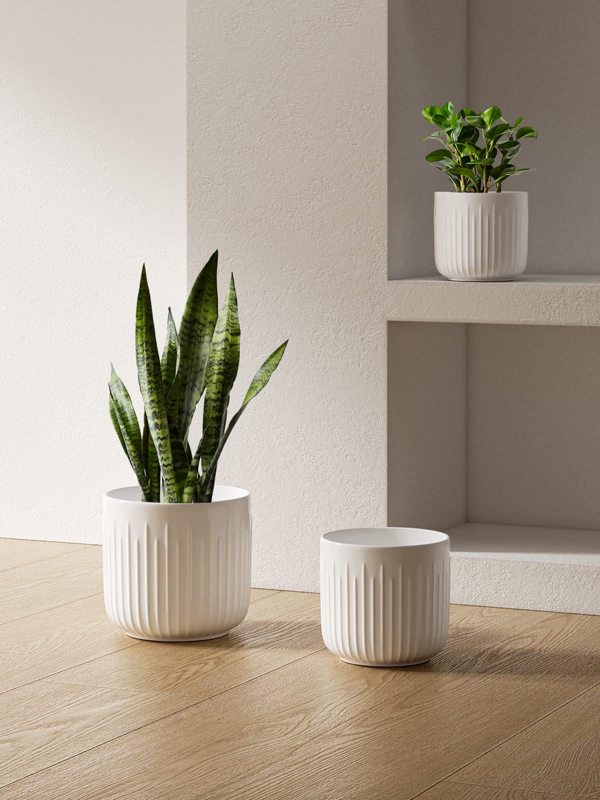 LE TAUCI Ceramic Planters for Indoor Plants Set of 3 with Drainage Holes in Dark Olive, Stylish Cylinder Flower Pots for Home Décor