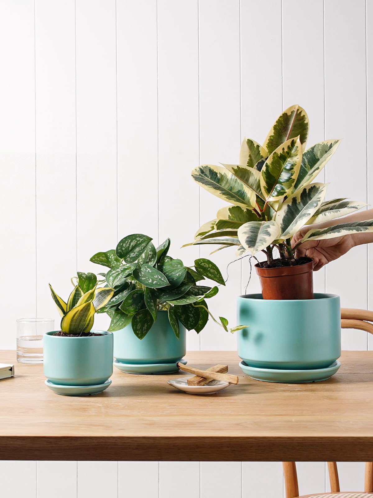 LE TAUCI Ceramic Plant Pots, 4.3+5.3+6.8 Inch, Set of 3, Planters with Drainage Hole and Saucer for Stylish Indoor and Outdoor Decor