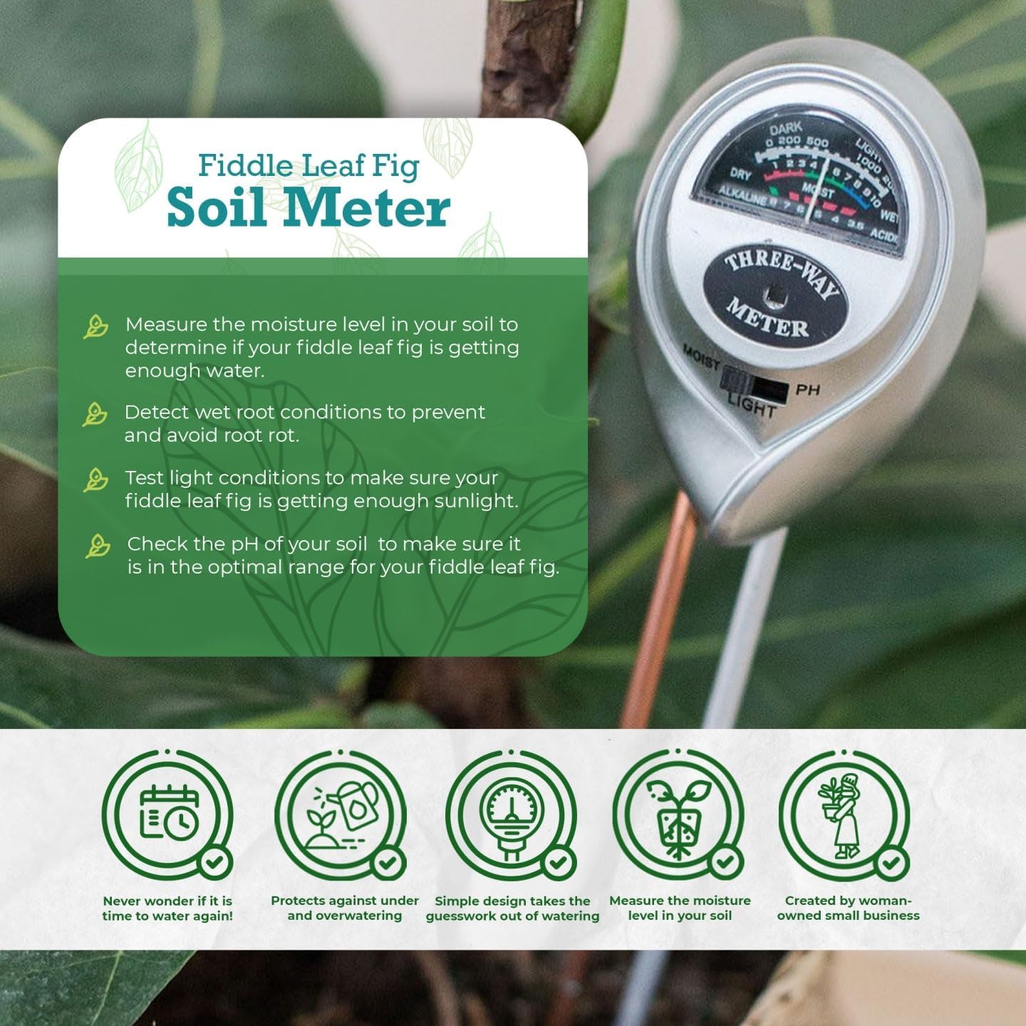 Houseplant Resource Center Fiddle Leaf Fig 3-in-1 Soil Moisture Meter for Plants Best Indoor Water Meter with Light and pH Sensor for Perfect Plant Care