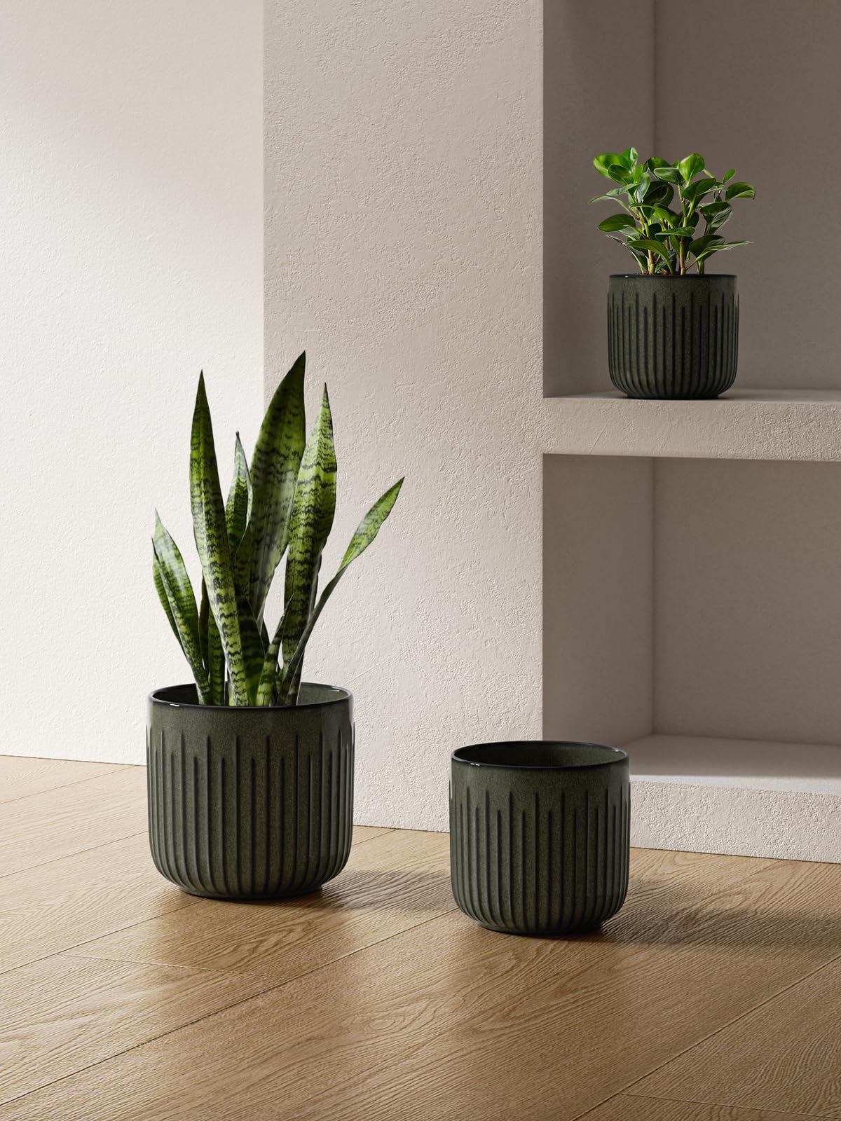 LE TAUCI Ceramic Planters for Indoor Plants Set of 3 with Drainage Holes in Dark Olive, Stylish Cylinder Flower Pots for Home Décor