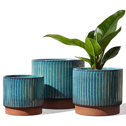 LE TAUCI Ceramic Plant Pots with Drainage Holes Set of 3 Durable Stripe Garden Planter Pots for Indoor Outdoor Use with Reactive Glaze Black