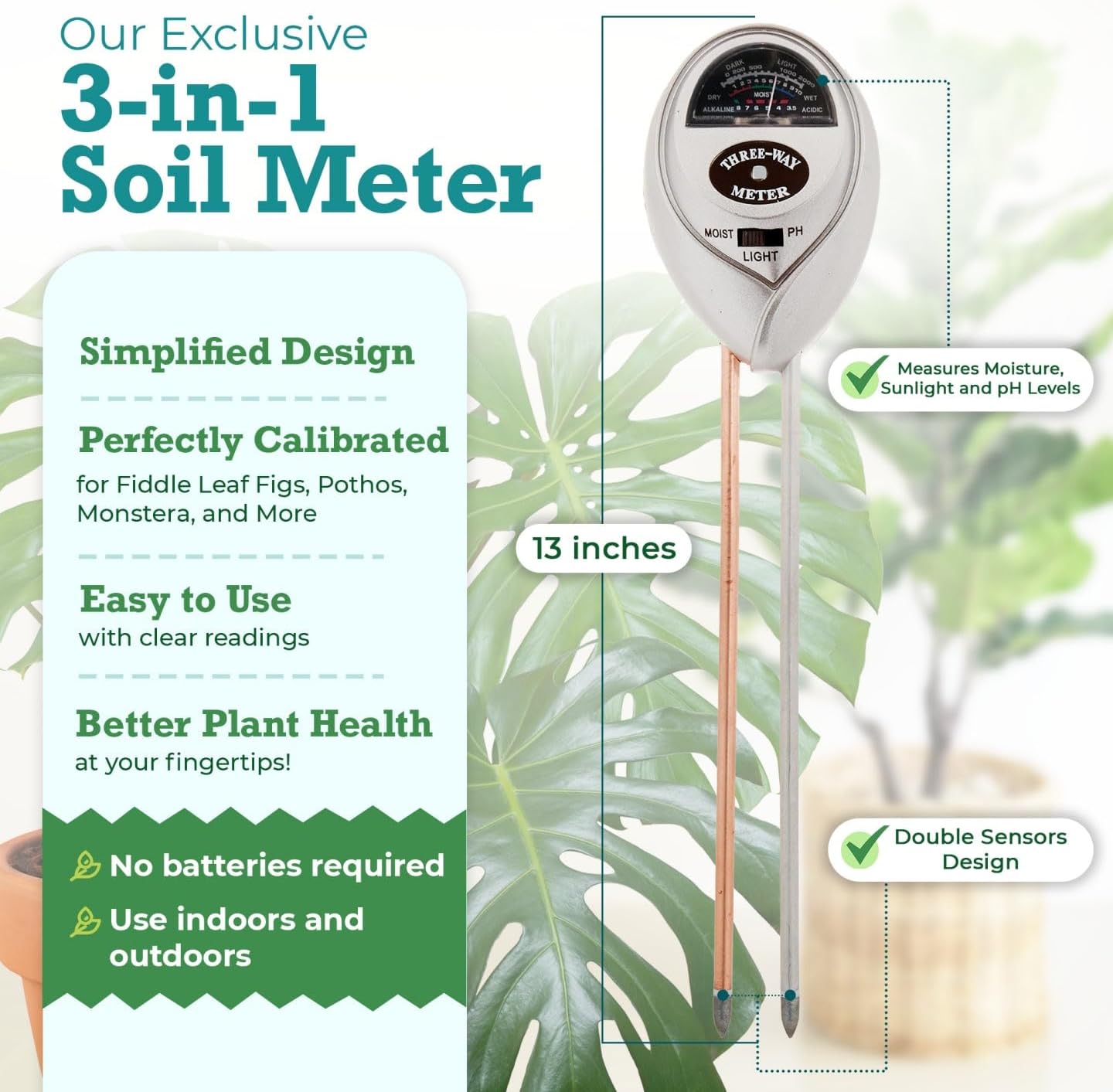 3-in-1 Soil Meter Optimize Plant Health with Moisture, Light & pH Testing for Thriving Gardens and Lush Indoor Plants