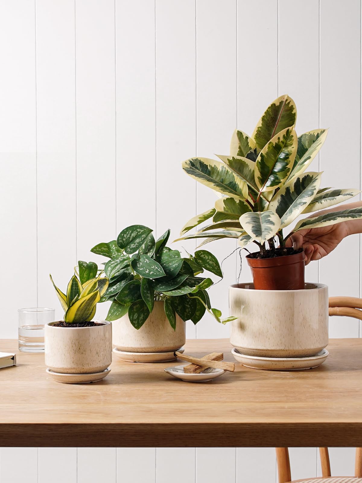 LE TAUCI Ceramic Plant Pots, 4.3+5.3+6.8 Inch, Set of 3, Planters with Drainage Hole and Saucer for Stylish Indoor and Outdoor Decor