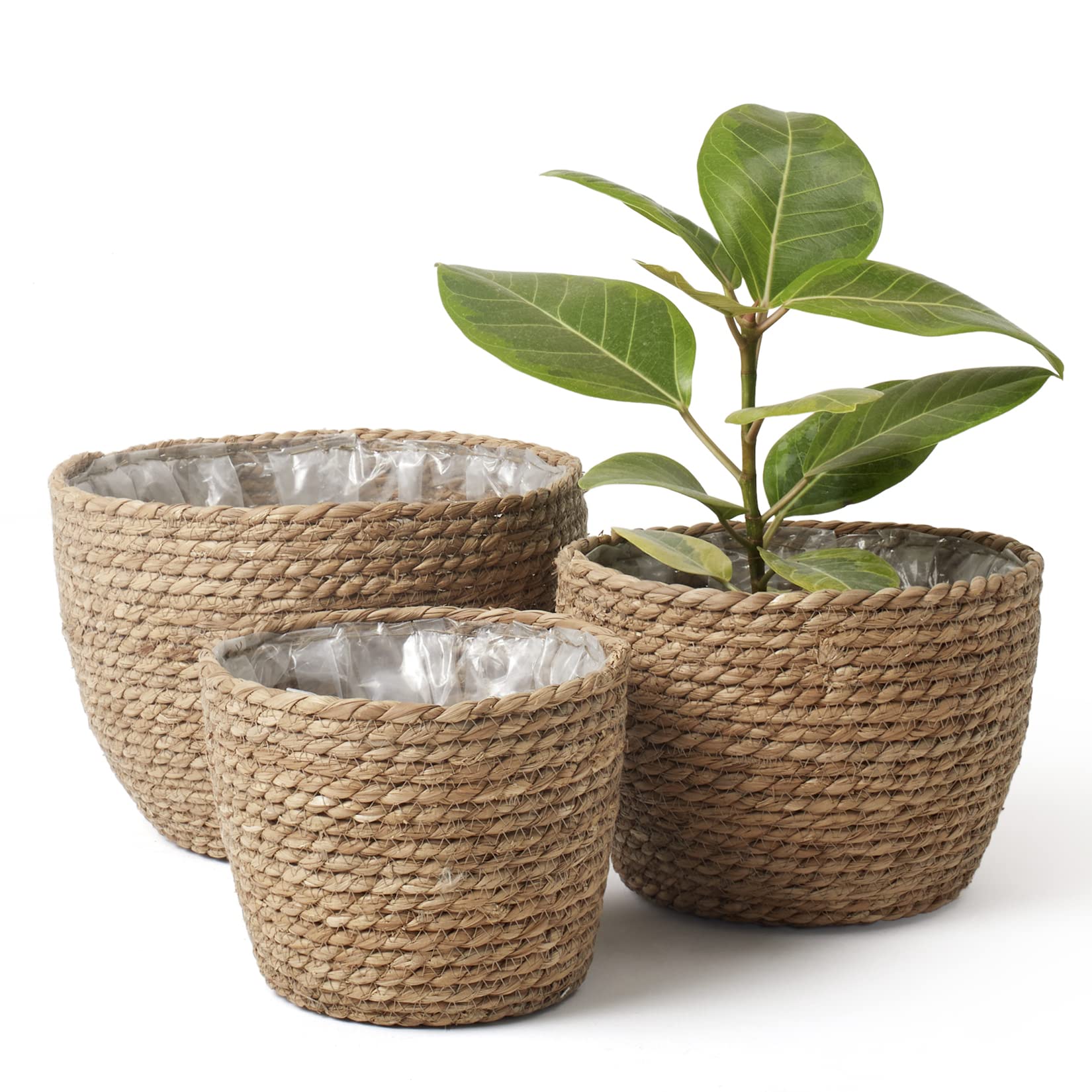 La Jolíe Muse Seagrass Planter Basket Indoor, Flower Pots Cover, Plant Containers, Natural(3-Pack) 10.2"+8.7"+6.7" - OVAD