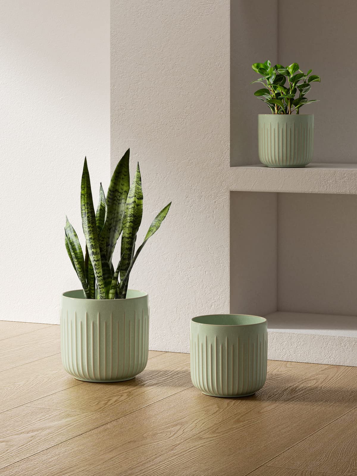 LE TAUCI Ceramic Planters for Indoor Plants Set of 3 with Drainage Holes in Dark Olive, Stylish Cylinder Flower Pots for Home Décor