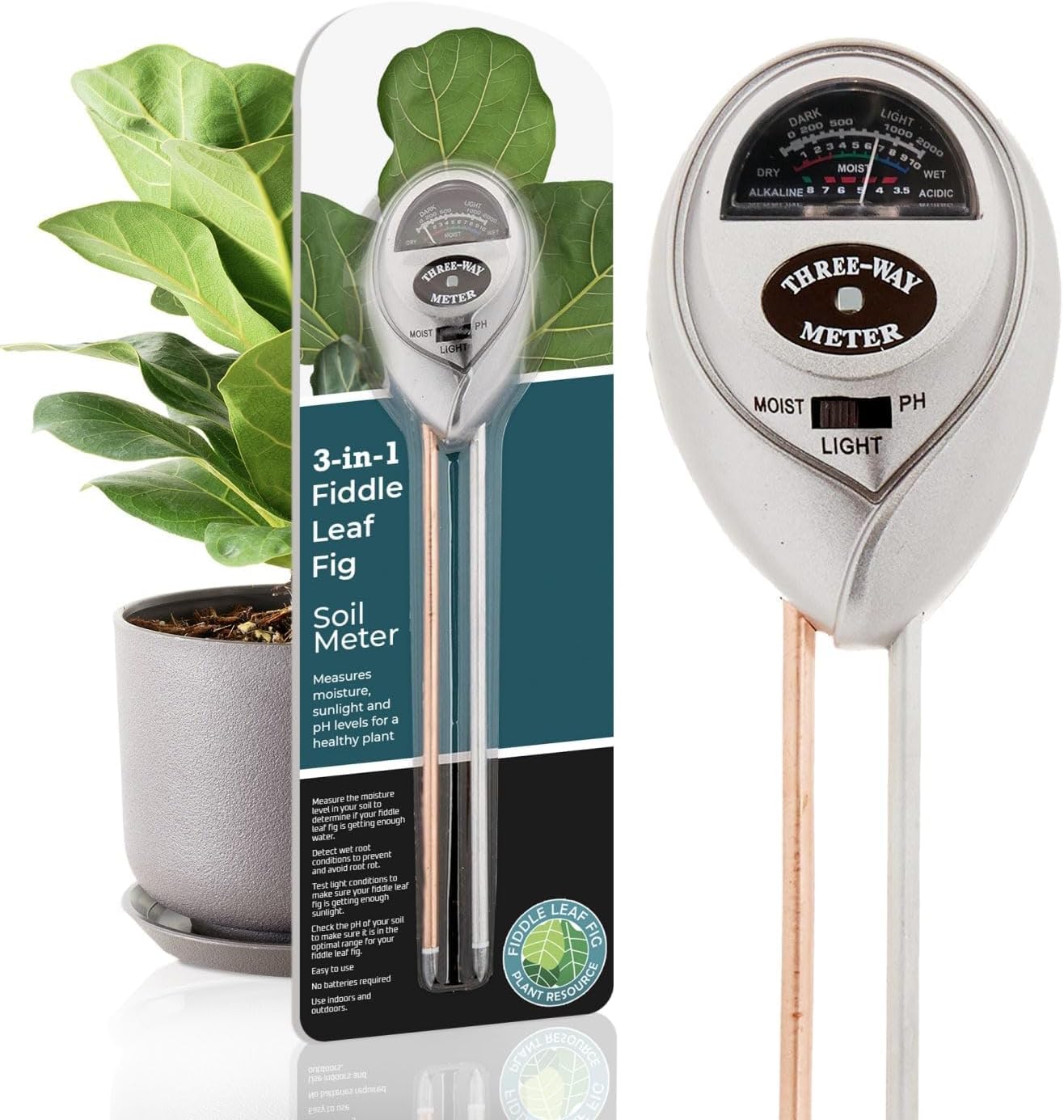 Houseplant Resource Center Fiddle Leaf Fig 3-in-1 Soil Moisture Meter for Plants Best Indoor Water Meter with Light and pH Sensor for Perfect Plant Care