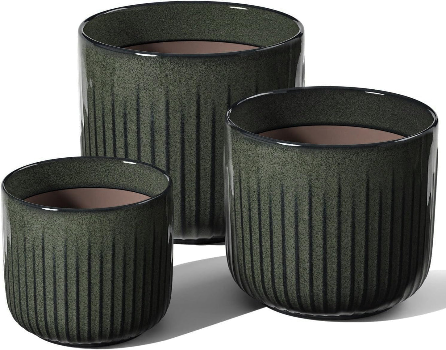 LE TAUCI Ceramic Planters for Indoor Plants Set of 3 with Drainage Holes in Dark Olive, Stylish Cylinder Flower Pots for Home Décor