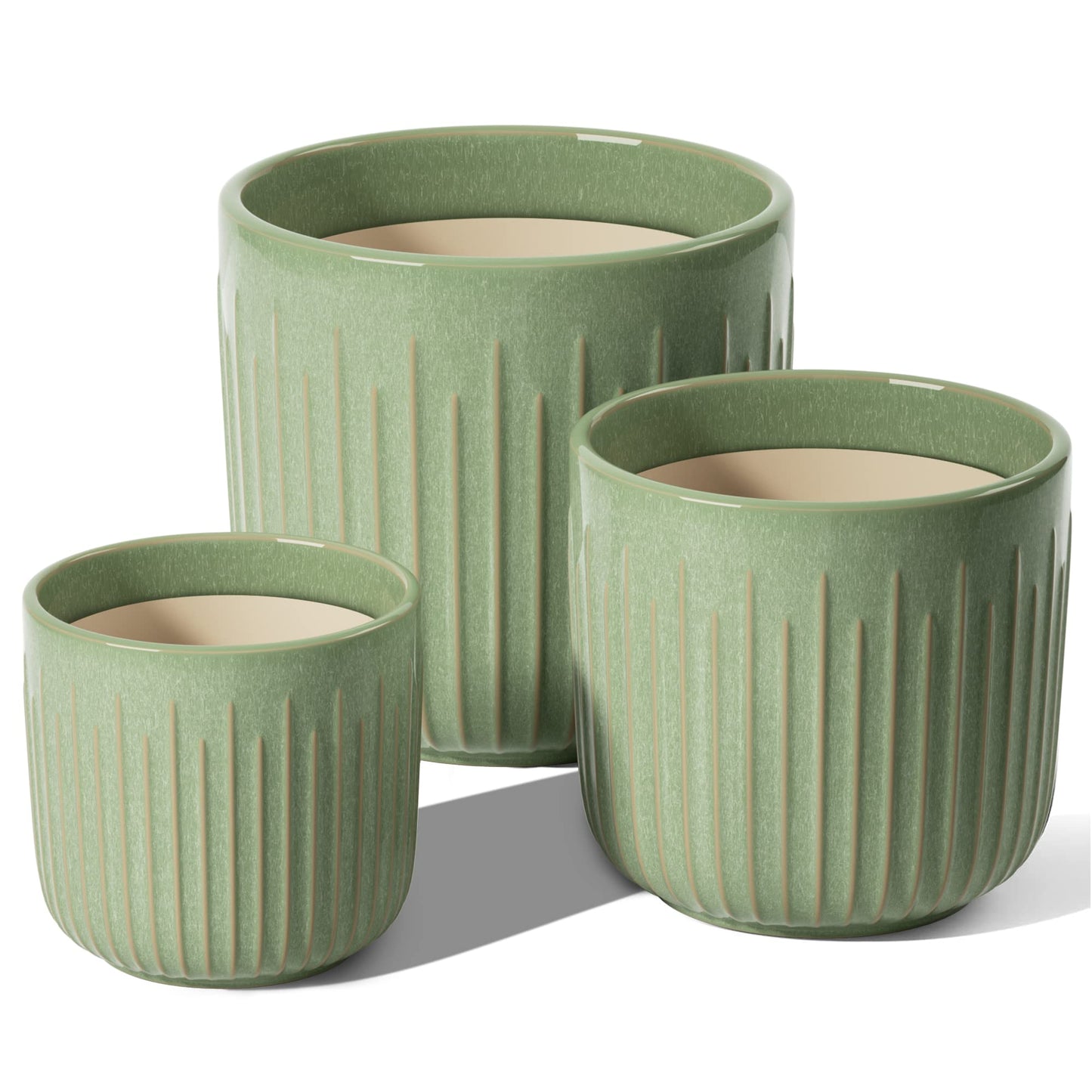 LE TAUCI Ceramic Planters for Indoor Plants Set of 3 with Drainage Holes in Dark Olive, Stylish Cylinder Flower Pots for Home Décor