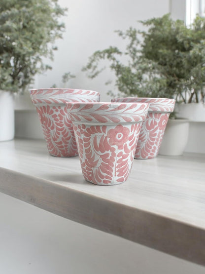 Set of 3 Large Talavera Planter Pots - Hand-Painted Pink & White Mexican Pottery with Drainage Holes for Vibrant Home Decor