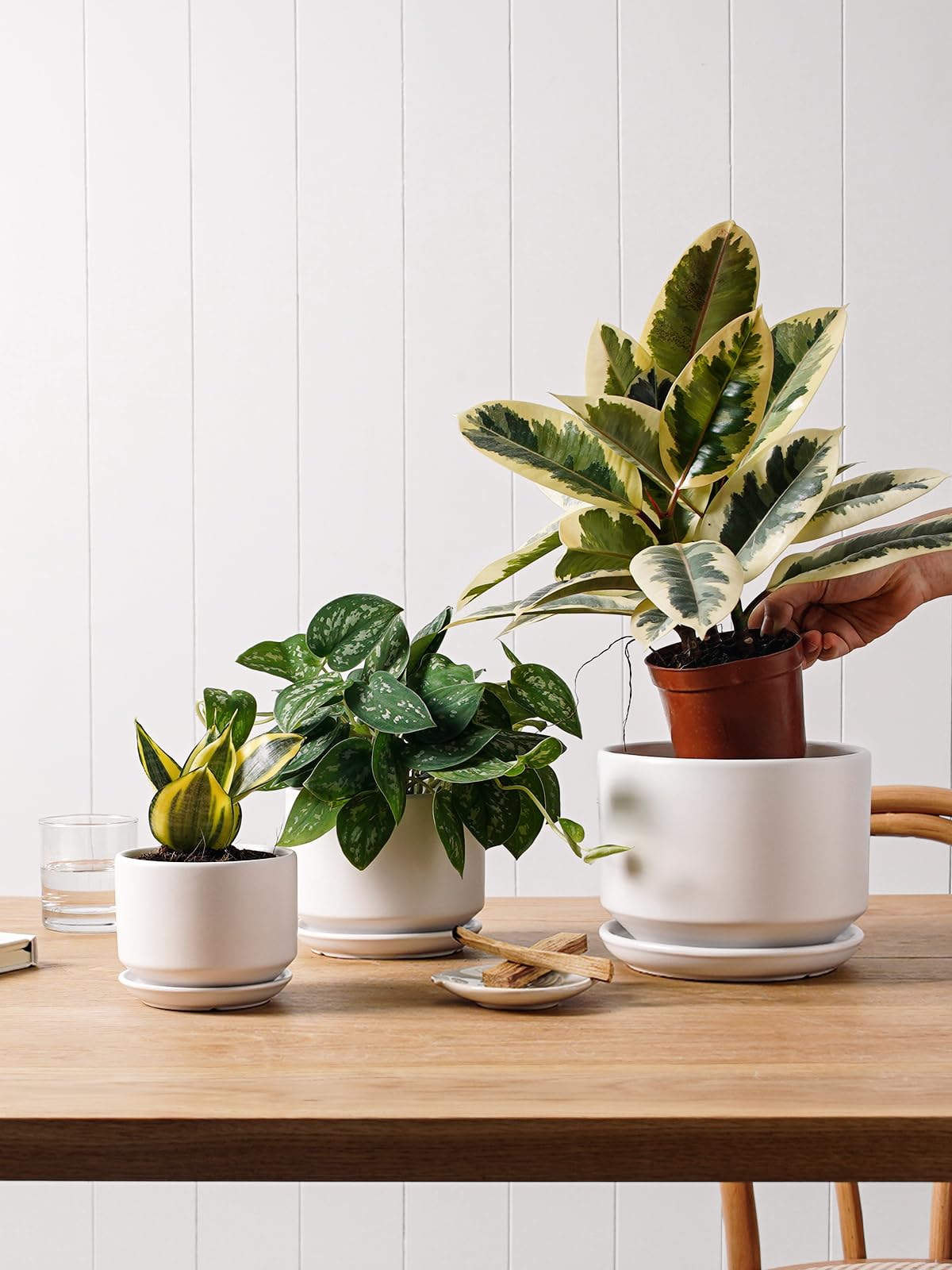 LE TAUCI Ceramic Plant Pots, 4.3+5.3+6.8 Inch, Set of 3, Planters with Drainage Hole and Saucer for Stylish Indoor and Outdoor Decor