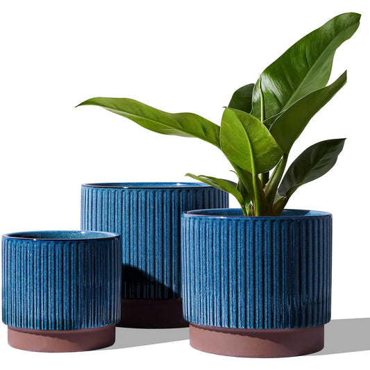 LE TAUCI Ceramic Plant Pots with Drainage Holes Set of 3 Durable Stripe Garden Planter Pots for Indoor Outdoor Use with Reactive Glaze Black